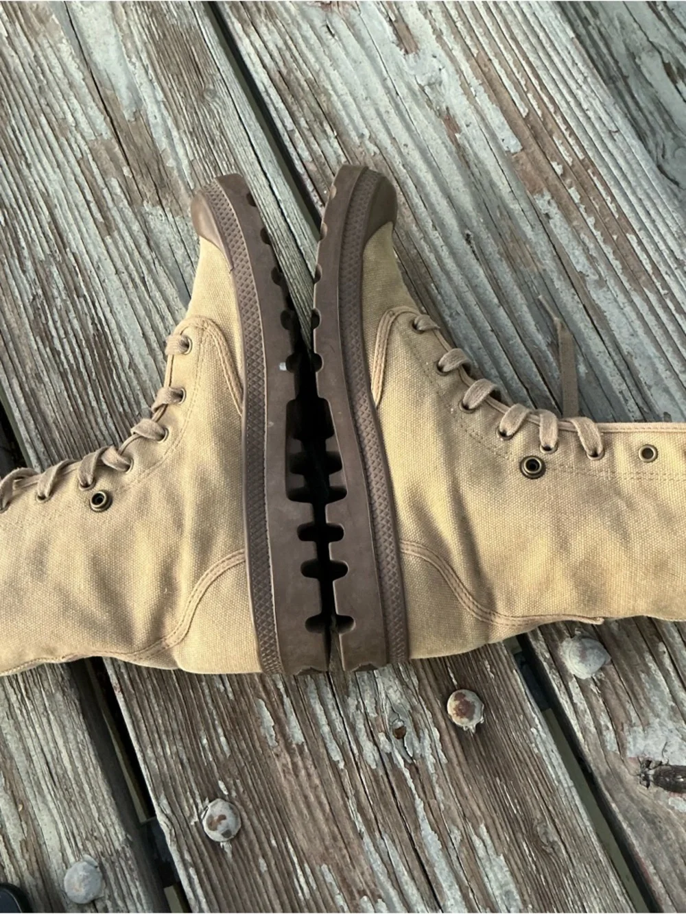 Palladium Men's Tan Canvas High-Top Boots with Brown Sole